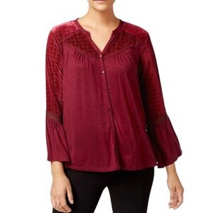Style Co Petite Burgundy Velvet Crochet Trim Bell Sleeve Button Front Blouse‎ PM